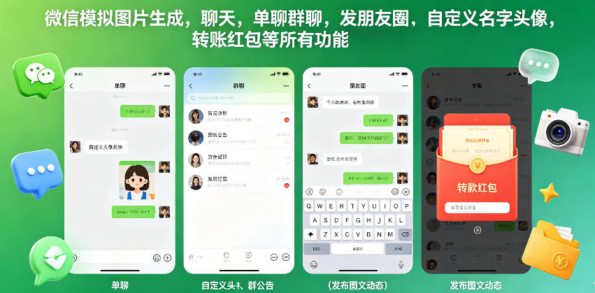微信模拟图片生成,聊天,单聊群聊,发朋友圈,自定义名字头像,转账红包等所有功能都可以生成-云网创