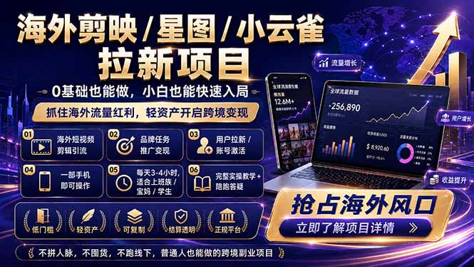 海外剪映 / 星图 / 小云雀拉新项目 普通人也能上手的跨境流量变现副业-云网创