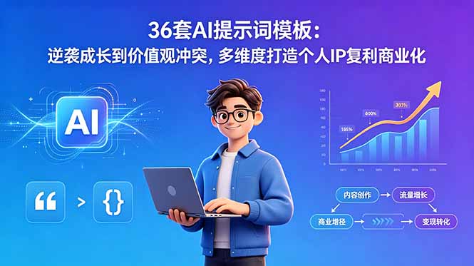 36套AI提示词模板:逆袭成长到价值观冲突,多维度打造个人IP复利商业化-云网创