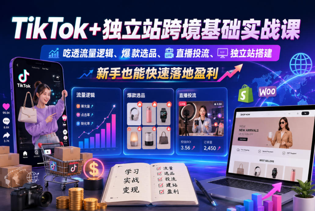 TikTok+独立站跨境基础实战课，吃透流量逻辑、爆款选品、直播投流与独立站搭建，新手也能快速落地盈利-云网创