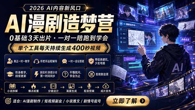 AI漫剧造梦营:0基础3天出片,单个工具每天持续生成400秒视频-云网创