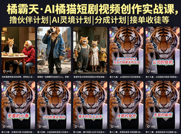 橘霸天·AI橘猫短剧视频创作实战课,撸伙伴计划|AI灵境计划|分成计划|接单收徒等-云网创