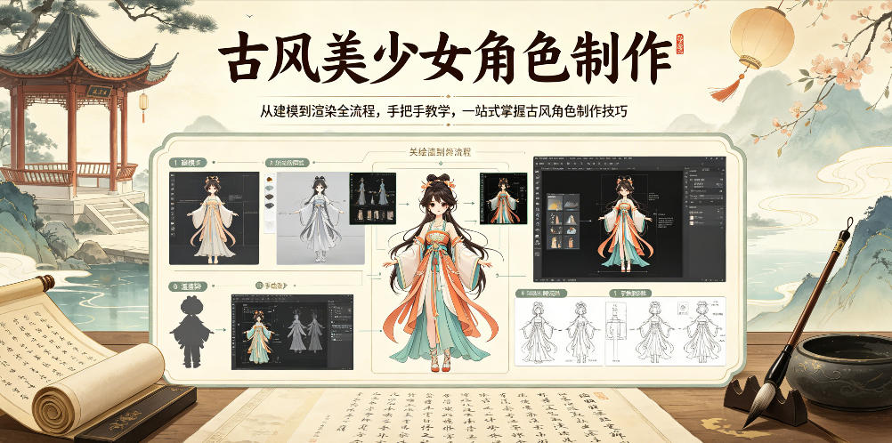 古风美少女角色制作,从建模到渲染全流程,手把手教学,一站式掌握古风角色制作技巧-云网创