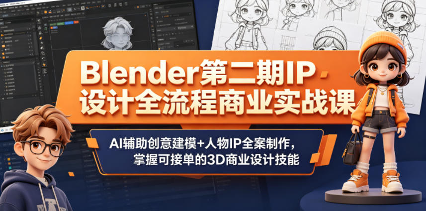 Blender第二期IP设计全流程商业实战课，AI辅助创意建模+人物IP全案制作，掌握可接单的3D商业设计技能-云网创