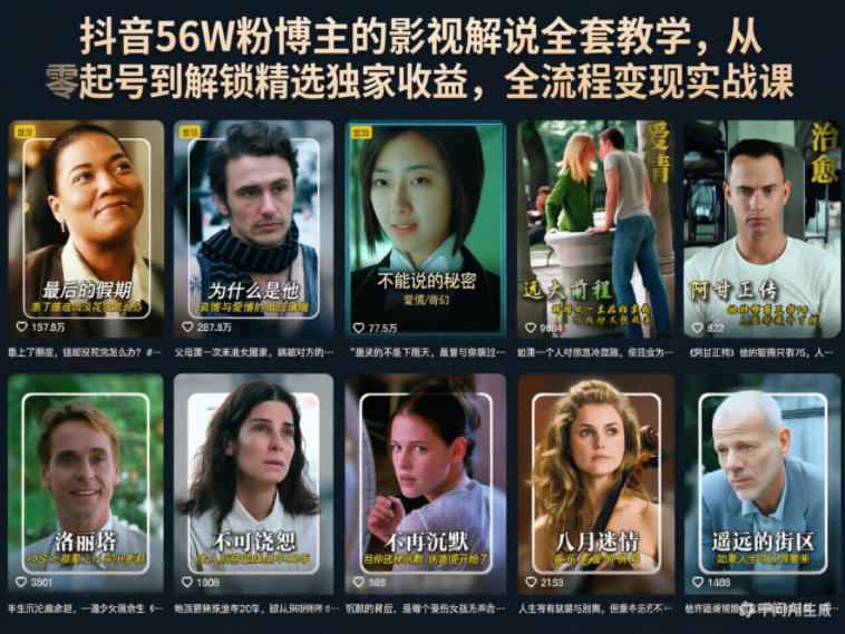 抖音56W粉博主的影视解说全套教学,从零起号到解锁精选独家收益,全流程变现实战课