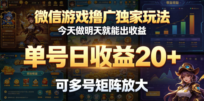 微信游戏撸广独家玩法,今天做明天就能出收益,单号日收益20+,可多号矩阵放大-云网创