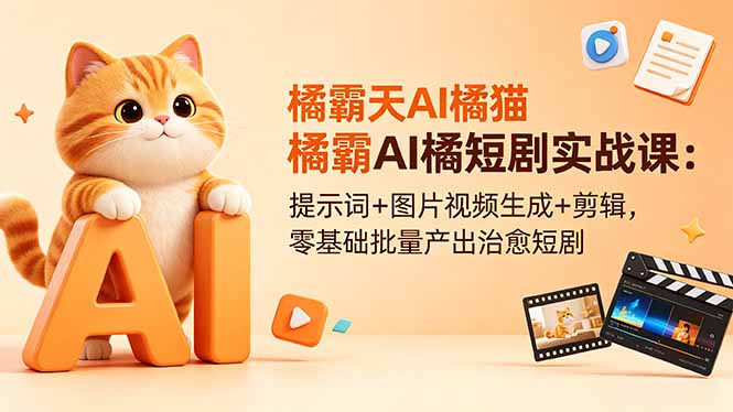 橘霸天AI橘猫短剧实战课:提示词+图片视频生成+剪辑,零基础批量产出治愈短剧-云网创