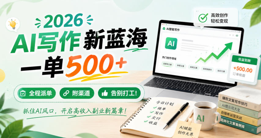 2026 AI写作新蓝海，一单500+，全程派单，附渠道，告别打工！【揭秘】-云网创