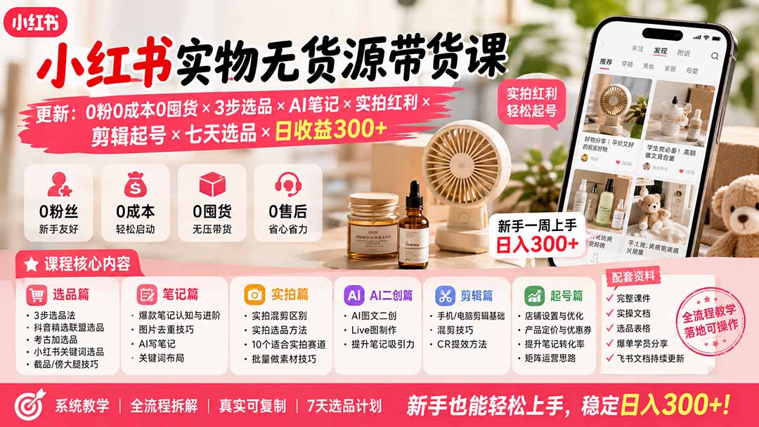 小红书实物无货源带货课-更新:0粉0成本0囤货×3步选品×AI笔记×实拍红利×剪辑起号×七天选品×日收益300+-云网创