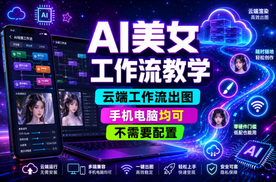 AI美女工作流教学,云端工作流出图,手机电脑均可,不需要配置,快速起号涨粉-云网创
