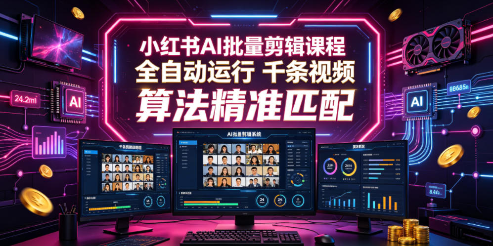 小红书AI批量剪辑课程，24小时全自动运行，解放双手专注运营，千条视频批量处理，小红书算法精准匹配-云网创