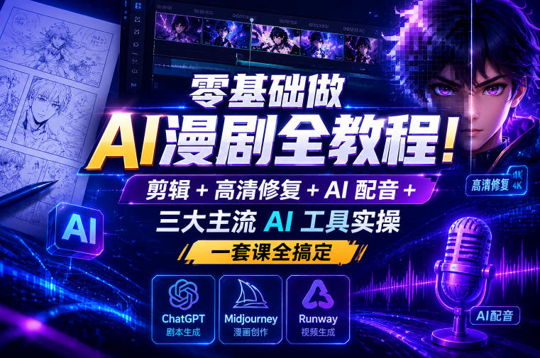 零基础做AI漫剧全教程!剪辑+高清修复+AI配音+三大主流AI工具实操,一套课全搞定-云网创
