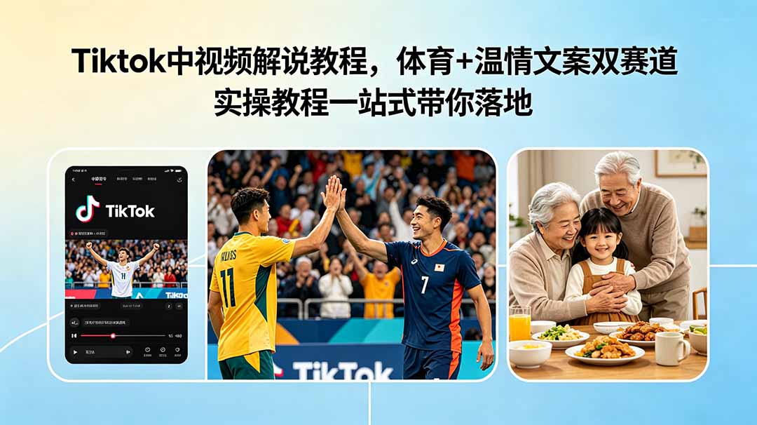 Tiktok中视频解说教程,体育+温情文案双赛道实操教程一站式带你落地-云网创