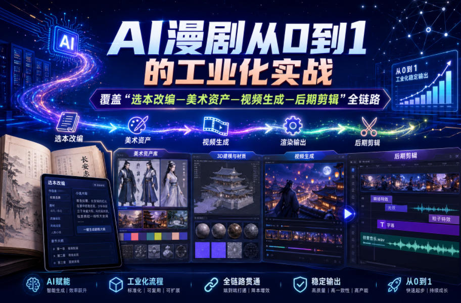 AI漫剧从0到1的工业化实战,覆盖“选本改编—美术资产—视频生成—后期剪辑”全链路(更新6月)
