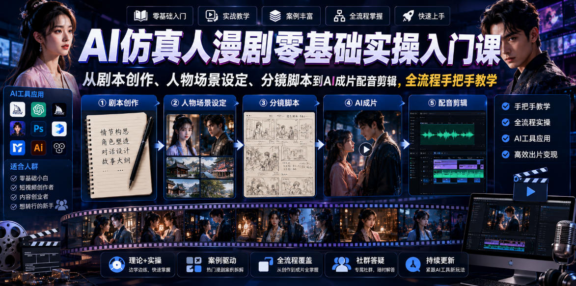 AI仿真人漫剧零基础实操入门课，从剧本创作、人物场景设定、分镜脚本到AI成片配音剪辑，全流程手把手教学-云网创