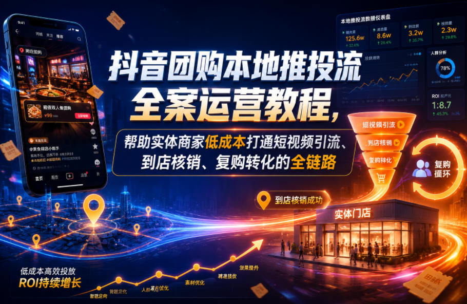 抖音团购本地推投流全案运营教程,帮助实体商家低成本打通短视频引流、到店核销、复购转化的全链路-云网创