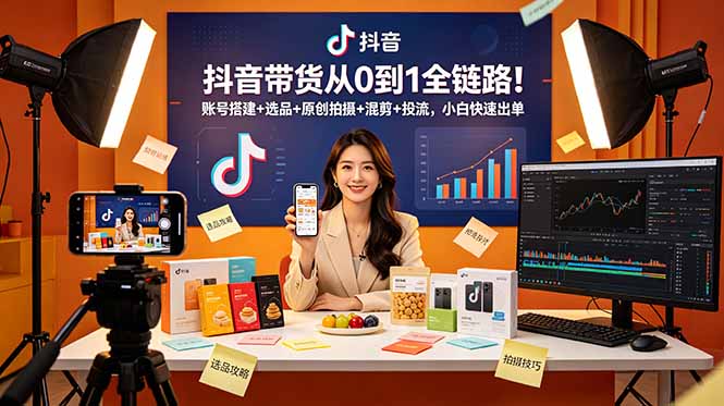 抖音带货从0到1全链路!账号搭建+选品+原创拍摄+混剪+投流,小白快速出单-云网创