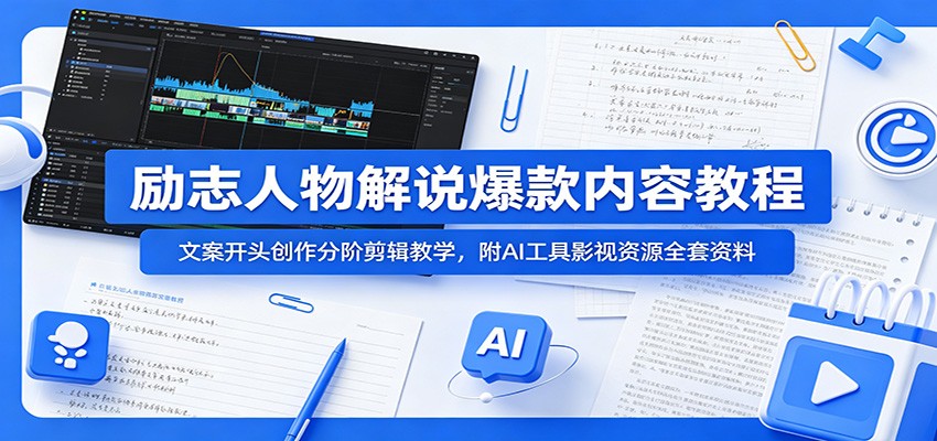 励志人物解说爆款内容教程：文案开头创作分阶剪辑教学，附AI 工具影视资源全套资料-云网创