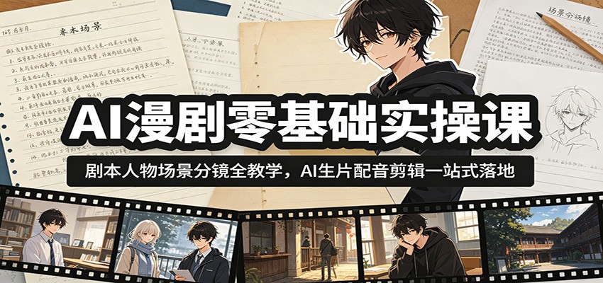 AI漫剧零基础实操课：剧本人物场景分镜全教学，AI生片配音剪辑一站式落地-云网创