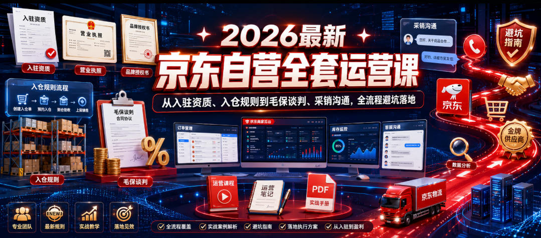 2026最新京东自营全套运营课,从入驻资质、入仓规则到毛保谈判、采销沟通,全流程避坑落地