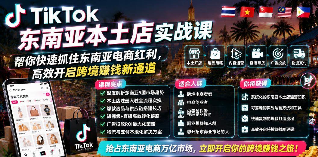 TikTok东南亚本土店实战课，帮你快速抓住东南亚电商红利，高效开启跨境賺钱新通道-云网创