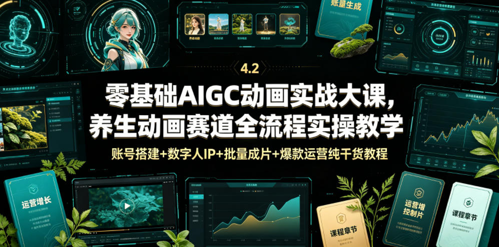 零基础AIGC动画实战大课，养生动画赛道全流程实操教学，账号搭建+数字人IP+批量成片+爆款运营纯干货教程-云网创