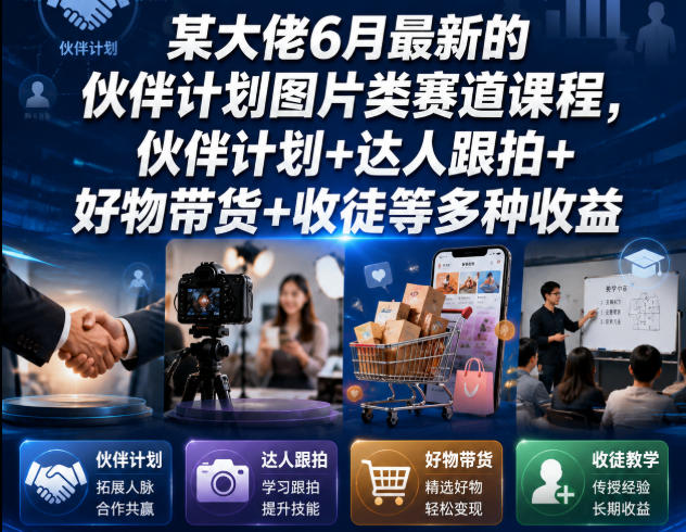 某大佬6月最新的伙伴计划图片类赛道课程，伙伴计划+达人跟拍+好物带货+收徒等多种收益-云网创