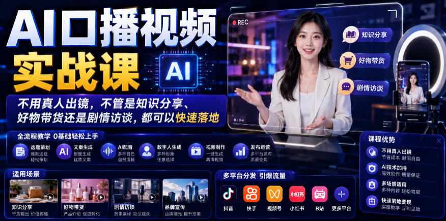 AI口播视频实战课，不用真人出镜，不管是知识分享、好物带货还是剧情访谈，都可以快速落地-云网创