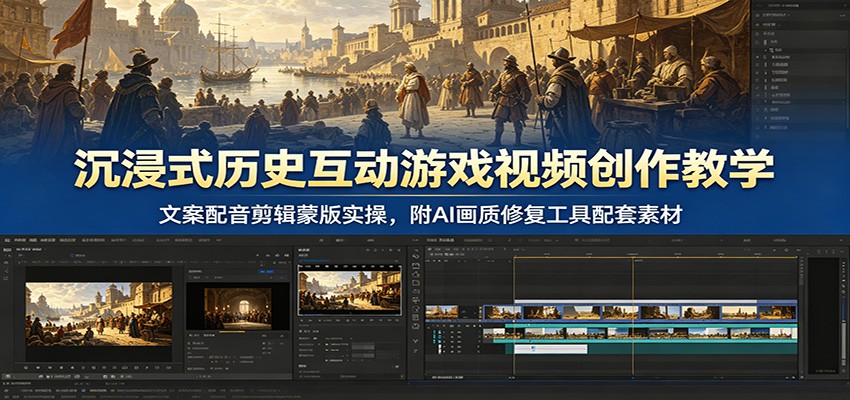沉浸式历史互动游戏视频创作教学：文案配音剪辑蒙版实操，附AI画质修复工具配套素材-云网创