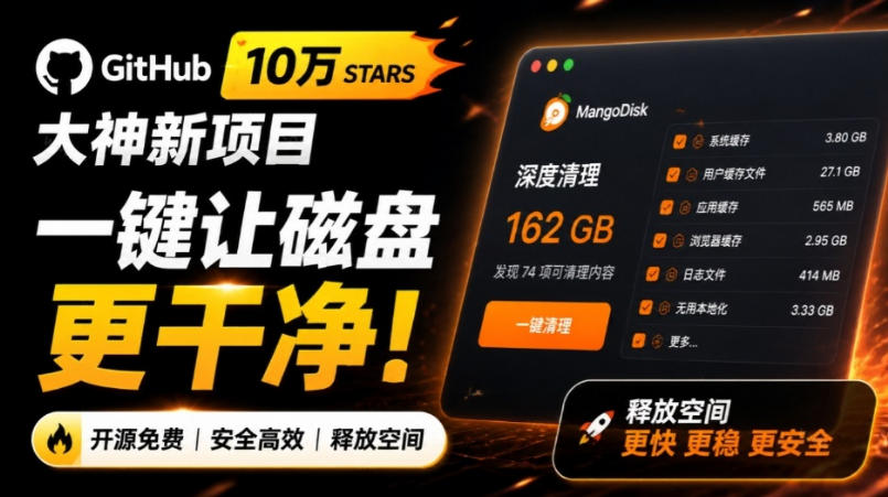 在Gtihub上做出10万stars的大神,又发布新项目了!一键让磁盘更干净,开源免费清理工具MangoDisk-云网创