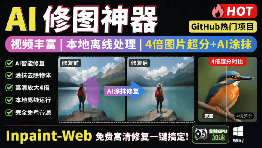 本地离线处理，4倍图片超分+AI涂抹去水印！Github上热门神器，免费高清修复图一键搞定！Inpaint-Web-云网创