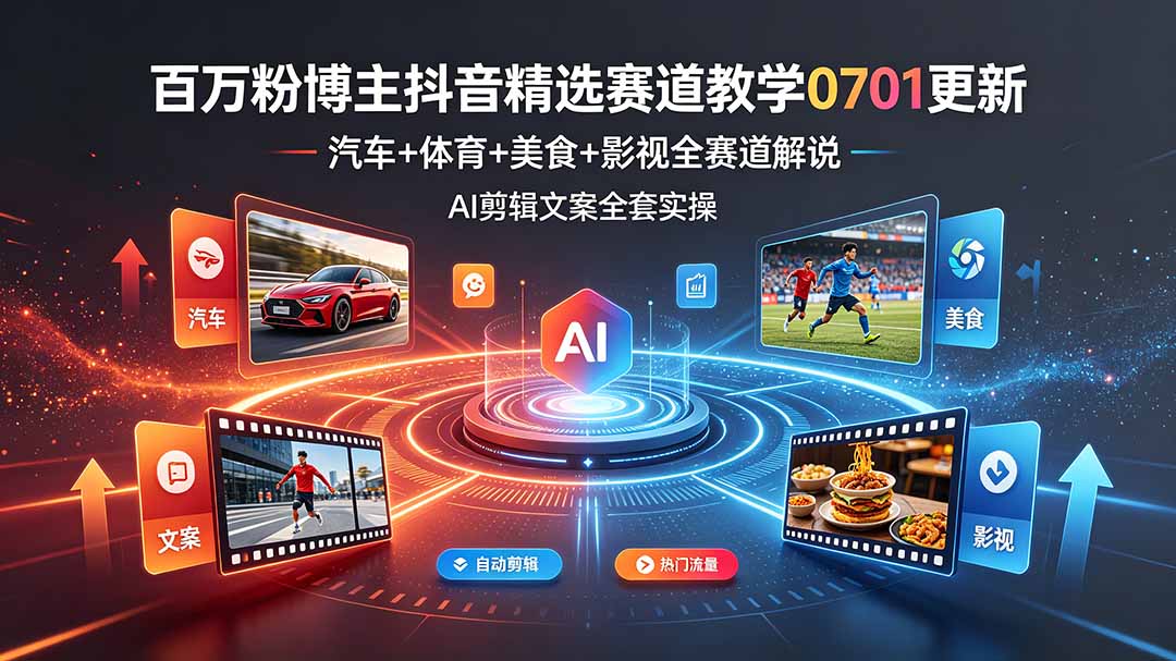 百万粉博主抖音精选赛道教学-0701更新，汽车+体育+美食+影视全赛道解说，AI剪辑文案全套实操-云网创