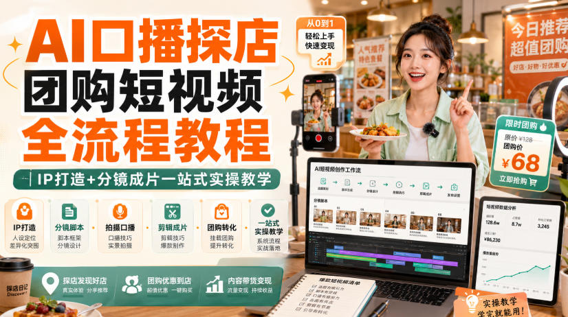 AI口播探店团购短视频全流程教程｜IP打造+分镜成片一站式实操教学-云网创
