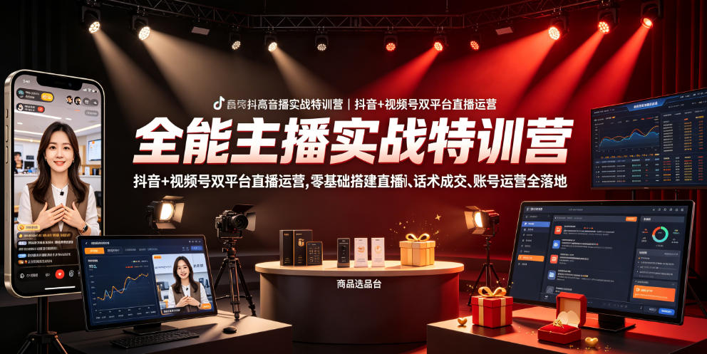全能主播实战特训营｜抖音+视频号双平台直播运营，零基础搭建直播间、精准选品、话术成交、账号运营全落地-云网创