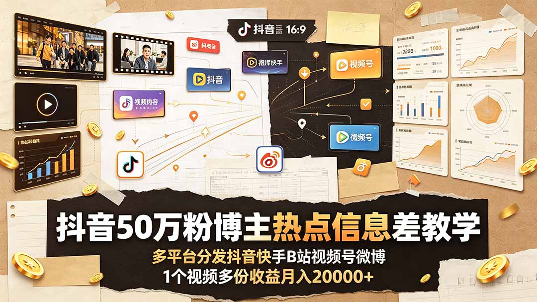 抖音50万粉博主热点信息差教学：多平台分发抖音快手B站视频号微博，1个视频多份收益月入20000+-云网创