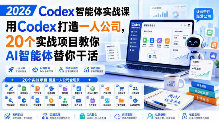 2026 Codex智能体实战课，用Codex打造一人公司，20个实战项目教你AI智能体替你干活-云网创