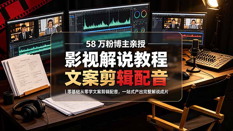 58 万粉博主荧幕春秋亲授影视解说教程｜零基础从零学文案剪辑配音，一站式产出完整解说成片-海桐网创