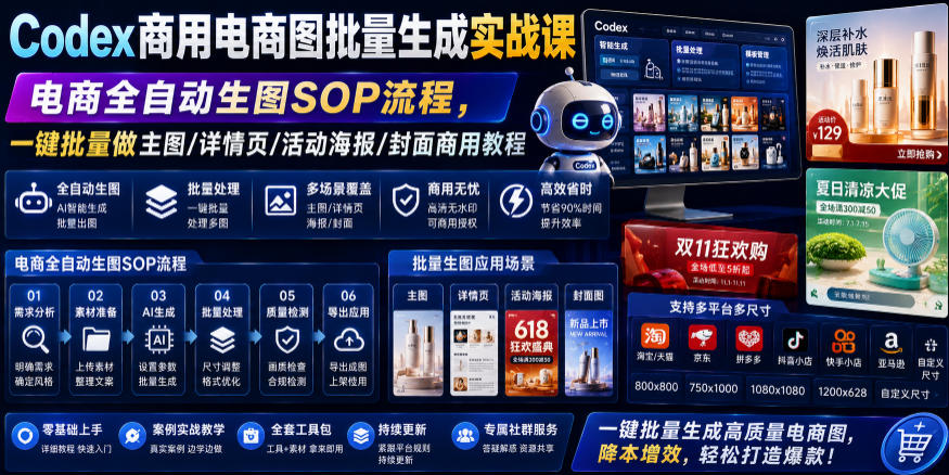 Codex商用电商图批量生成实战课｜电商全自动生图SOP流程，一键批量做主图/详情页/活动海报/封面商用教程-海桐网创