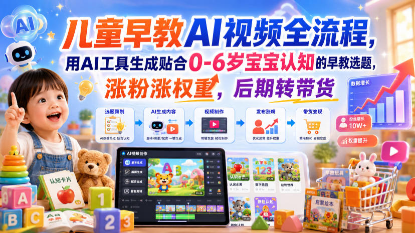 儿童早教AI视频全流程,用AI工具生成贴合0-6岁宝宝认知的早教选题,涨粉涨权重,后期转带货
