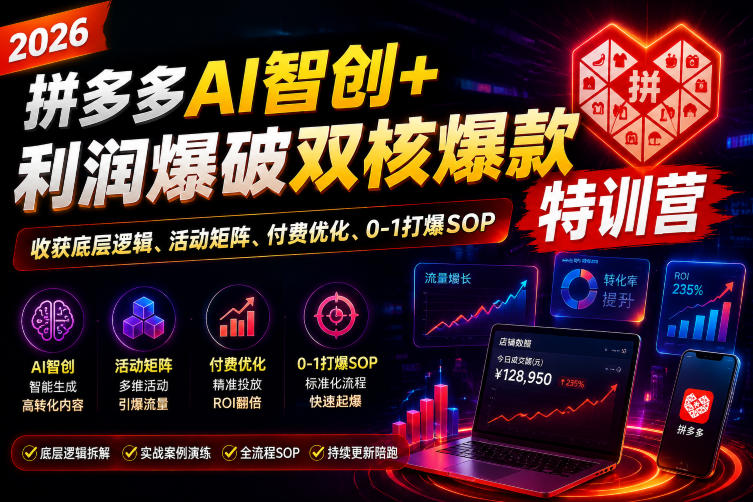 2026拼多多AI智创+利润爆破双核爆款特训营，收获底层逻辑、活动矩阵、付费优化、0-1打爆SOP-海桐网创