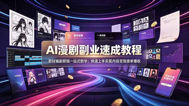 AI漫剧副业速成教程，取材编剧剪辑一站式教学；快速上手实现内容变现接单增收-海桐网创