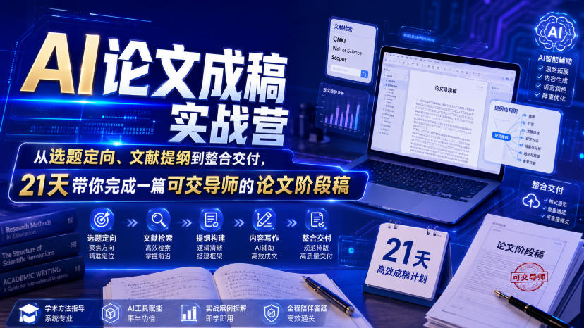 AI论文成稿实战营，从选题定向、文献提纲到整合交付，21天带你完成一篇可交导师的论文阶段稿-云网创