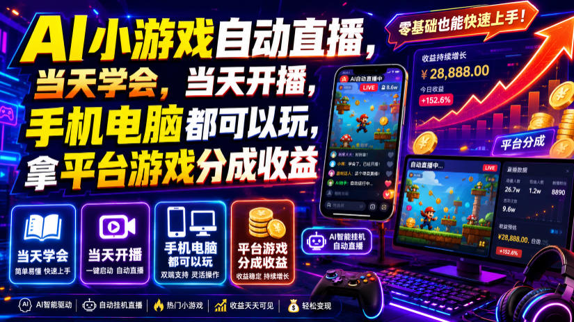 AI小游戏自动直播，当天学会，当天开播，手机电脑都可以玩，拿平台游戏分成收益-云网创
