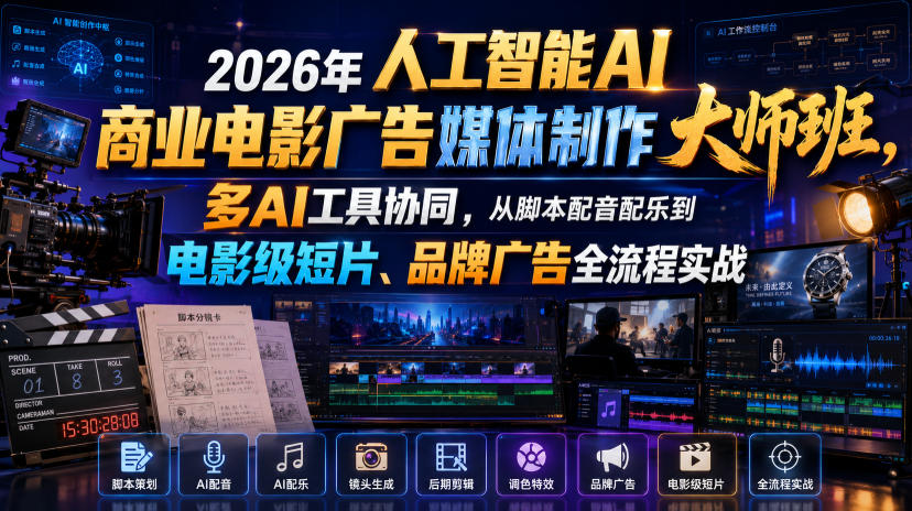 2026年人工智能AI商业电影广告媒体制作大师班，多AI工具协同，从脚本配音配乐到电影级短片、品牌广告全流程实战(中英字幕)-云网创