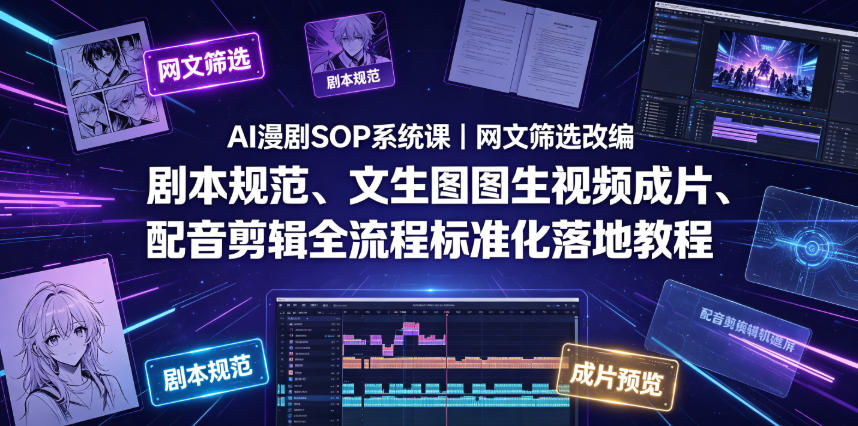 AI漫剧SOP系统课|网文筛选改编、剧本规范、文生图图生视频成片、配音剪辑全流程标准化落地教程-海桐网创