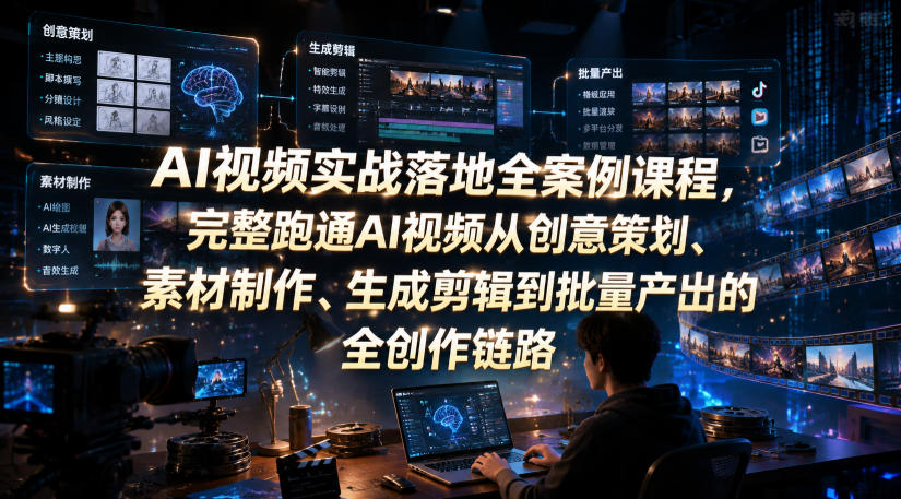AI视频实战落地全案例课程,完整跑通AI视频从创意策划、素材制作、生成剪辑到批量产出的全创作链路-海桐网创