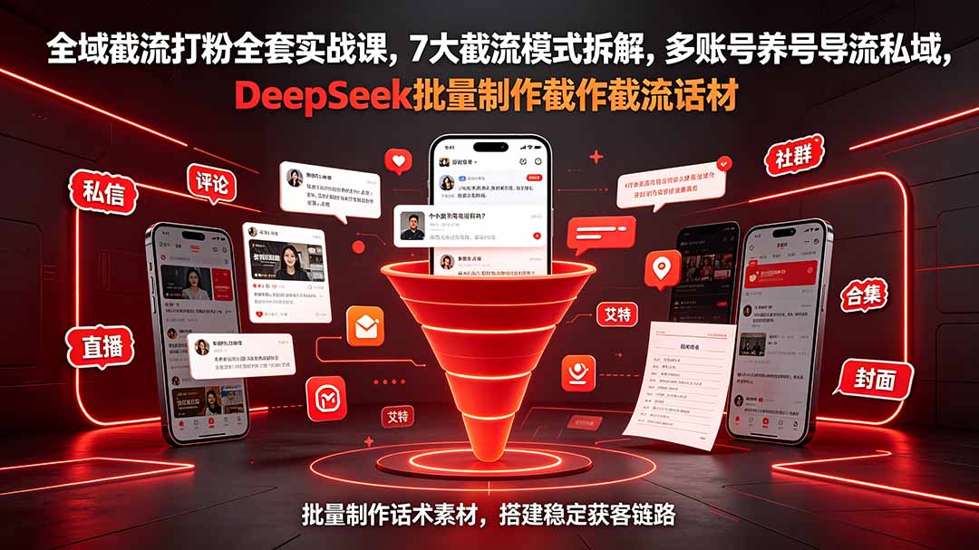 全域截流打粉全套实战课，7大截流模式拆解，多账号养号导流私域，DeepSeek批量制作截流话术素材-海桐网创