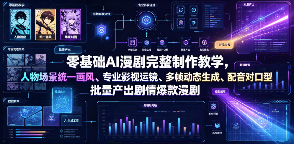 零基础AI漫剧完整制作教学，人物场景统一画风、专业影视运镜、多帧动态生成、配音对口型，批量产出剧情爆款漫剧-海桐网创