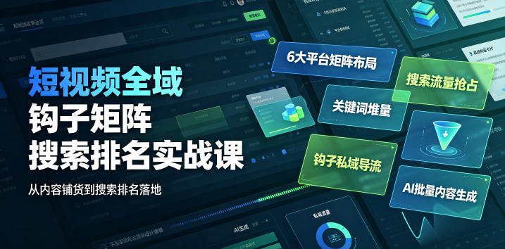 短视频全域钩子矩阵搜索排名实战课｜6大平台矩阵布局、关键词堆量抢占搜索流量、钩子私域导流、AI批量内容生成-海桐网创