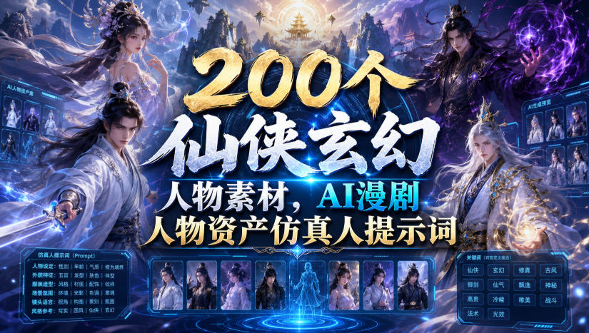200个仙侠玄幻人物素材，AI漫剧人物资产仿真人提示词-海桐网创